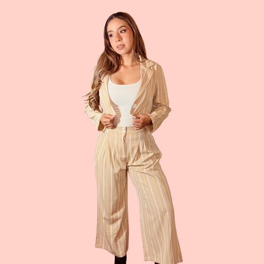 Beige Striped Blazer and Pants Set
