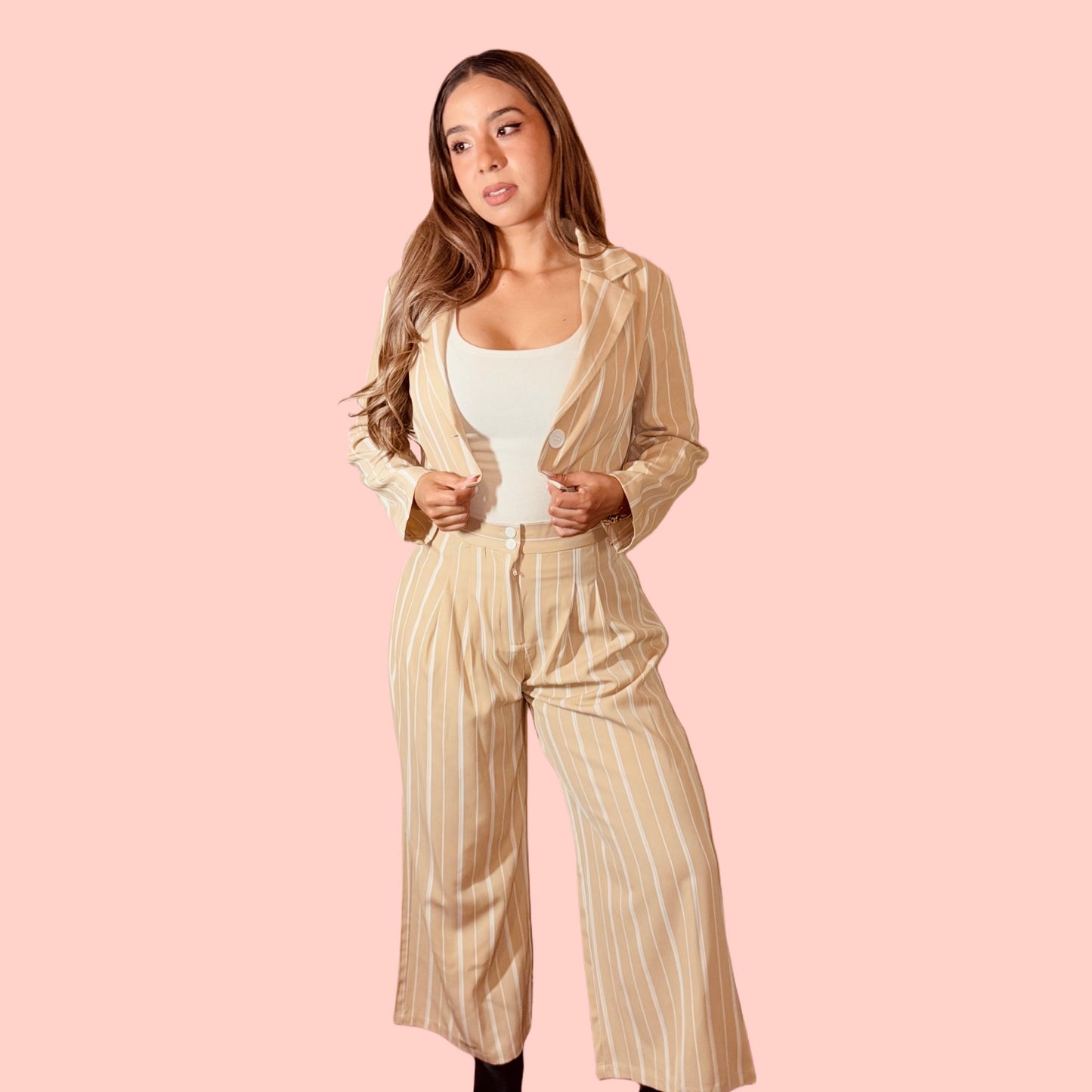 Beige Striped Blazer and Pants Set