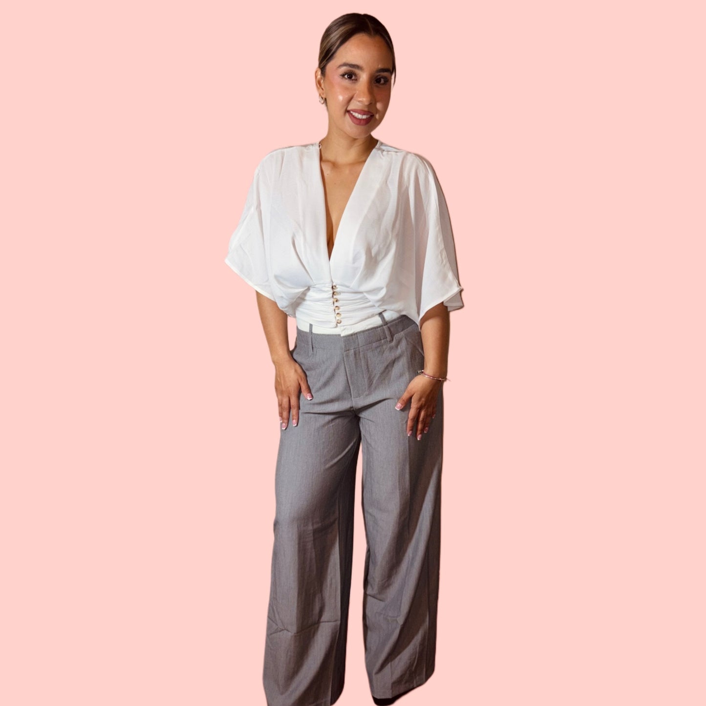 Two-Tone Wide Leg Pants - Gray & White